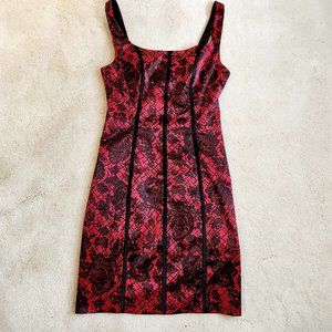 GUESS Lace Printed Fitted Satin Cocktail Dress, red and black, size 4